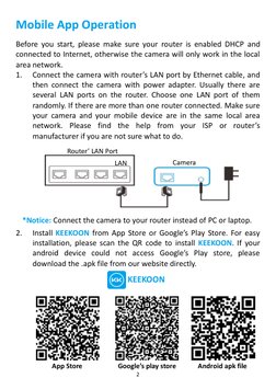 2 
Mobile App Operation 
Before you start, please make sure your router is enabled DHCP and 
connected to Internet, otherwise