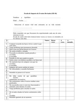 Escala de Impacto de Eventos Revisada (EIE-R)
Nombres  y  Apellidos:  …………………………………………….
Edad…...Fecha…….
 Seleccione  el  su