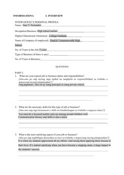 INFORMATIONA
L INTERVIEW
INTERVIEWEE’S PERSONAL PROFILE:
Name:  Jane T. Fernandez
Occupation/Business: High school teacher