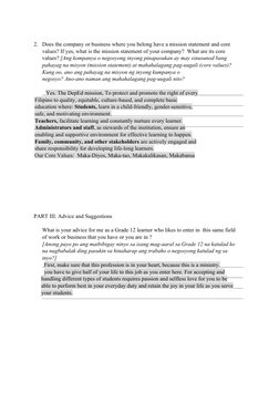 2.   Does the company or business where you belong have a mission statement and core 
values? If yes, what is the mission sta