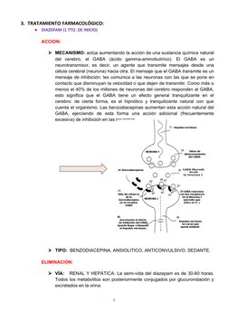 3. TRATAMIENTO FARMACOLÓGICO:
●
DIAZEPAM (1 TTO. DE INICIO)
ACCION:
MECANISMO: actúa aumentando la acción de una sustancia q