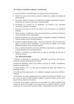 Art. 9. Sobre las Actividades académicas e institucionales
a.
Asumir la Misión y Visión del Colegio e involucrarse en la vida
