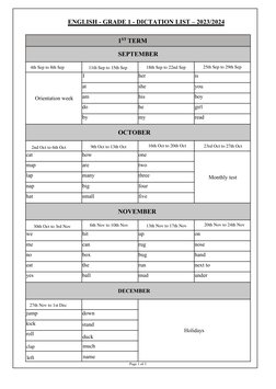 Grade 1 English Dictation Words List | PDF