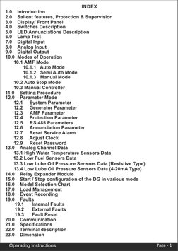 INDEX
1.0    Introduction
2.0    Salient features, Protection & Supervision 
3.0    Display/ Front Panel
4.0    Switches Desc