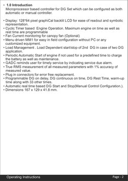 •  1.0 Introduction
   Microprocessor based controller for DG Set which can be conﬁgured as both 
automatic or manual control