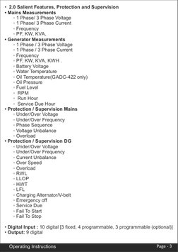 •  2.0 Salient Features, Protection and Supervision
• Mains Measurements
 
◦ 1 Phase/ 3 Phase Voltage
 
◦ 1 Phase/ 3 Phase Cu