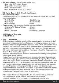 Operating Instructions
Page - 7
•  8.0 Analog Input:   GADC has 4 Analog Input
  
◦  Low Lube Oil Pressure Sensor
  
◦  High