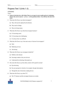 Name_______________________________________
Class______________________________
Progress Test 1 (Units 1–3)
LISTENING
Track 2