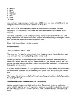 4 - Bottom
5 - Neck
6 - Hands
7 - Stomach
8 - Hair
9 - Back
10 - Feet
And each card progressively moves the word NOSE down on