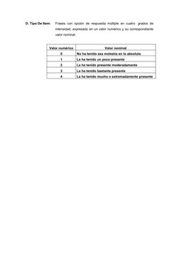 D. Tipo De Item:
Frases con opción de respuesta múltiple en cuatro  grados de 
intensidad, expresado en un valor numérico y s