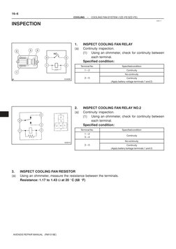 1600S–11
E34090
A30519
16–6
–
COOLING
COOLING FAN SYSTEM (1ZZ–FE/3ZZ–FE)
AVENSIS REPAIR MANUAL   (RM1018E)
INSPECTION
1.
INSP