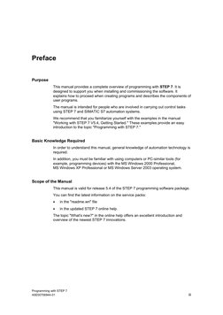 Programming with STEP 7 
A5E00706944-01 
iii 
Preface 
Purpose 
This manual provides a complete overview of programming wit