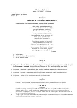 10º. Ano de Escolaridade
Curso I de Ciências e Tecnologias
Duração da prova: 90 minutos
2010.10 -19
VERSÂO A
TESTE ESCRITO DE