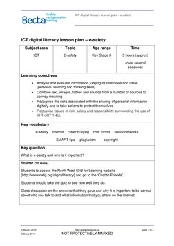 ICT digital literacy lesson plan – e-safety 
 
 
 
 
 
February 2010 
http://www.becta.org.uk 
page 1 of 4 
© Becta 2010 
N