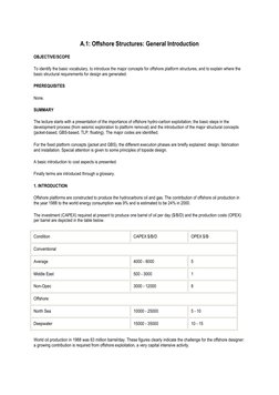 A.1: Offshore Structures: General Introduction 
OBJECTIVE/SCOPE 
To identify the basic vocabulary, to introduce the major con