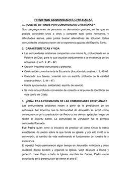 PRIMERAS COMUNIDADES CRISTIANAS
1. ¿QUÉ SE ENTIENDE POR COMUNIDADES CRISTIANAS?
Son congregaciones de personas no demasiado g
