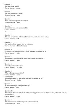 Basic Electrical Knowledge Test Answers | PDF | Volt | Watt