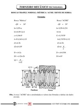 TORNEIRO MECÂNICO TECNOLOGIA 
  
ROSCAS TRAPEZ. NORMAL (MÉTRICA / ACME / DENTE DE SERRA) 
 
Fórmulas 
 
 
Rosca "Métrica"