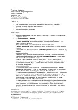 Programa de examen 
Instituto Privado Bragado Agrotécnico 
Materia: Literatura 
Curso: 4to 1era 
Profesora: Valeria Yancleu