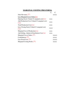 MARGINAL COSTING PRO-FORMA  
  
£ 
£ 
Sales Revenue( 2nd) 
  
xxxxx 
Less Marginal Cost of Sales(no) 
  
  
Opening Stock (Va