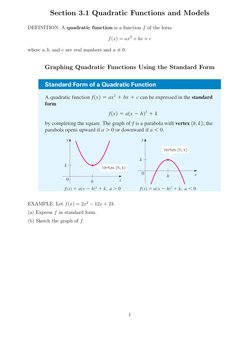 Section 3.1 Quadratic Functions and Models
DEFINITION: A quadratic function is a function f of the form
f(x) = ax2 + bx + c
w