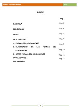 FORMAS DEL CONOCIMIENTO 
2013 3
INDICE  
 
Pág. 
CARATULA 
Pág. 1 
DEDICATORIA 
Pág. 2 
INDICE 
Pág. 3 
INTRODUCCION 
Pág