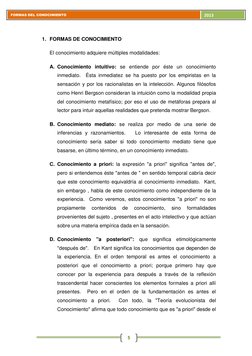 FORMAS DEL CONOCIMIENTO 
2013 5
1. FORMAS DE CONOCIMIENTO 
El conocimiento adquiere múltiples modalidades: 
A. Conocimien