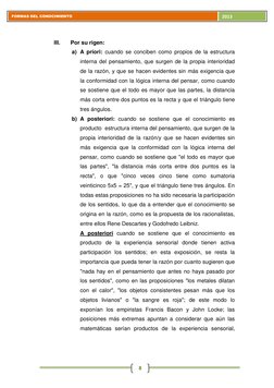 FORMAS DEL CONOCIMIENTO 
2013 8
III. 
Por su rigen: 
a) A priori: cuando se conciben como propios de la estructura 
inter