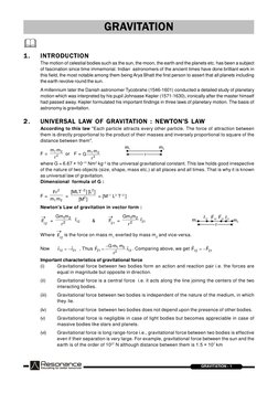 RESONANCE
GRAVITATION - 1
GRAVITATION

1.
INTRODUCTION
The motion of celestial bodies such as the sun, the moon, the earth a