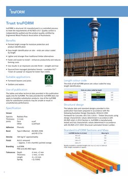 6
truFORM is structural LVL manufactured in a controlled process 
to meet the requirements of AS/NZS 4357. Quality control is