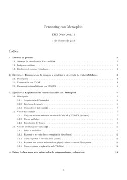 Pentesting con Metasploit
ESEI Dojos 2011/12
1 de febrero de 2012
´Indice
1. Entorno de pruebas
2
1.1. Software de virtualiza