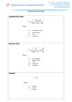 Scanstar Inspection Technology Private Limited 
 
 
Ultrasonic Testing Formulas 
 
Longitudinal Wave Velocity
Longitudinal W