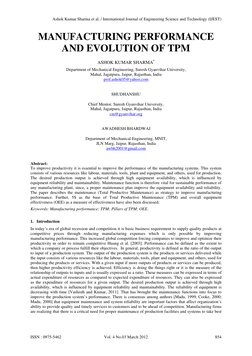 MANUFACTURING PERFORMANCE 
AND EVOLUTION OF TPM 
ASHOK KUMAR SHARMA* 
Department of Mechanical Engineering, Suresh Gyanviha