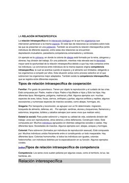 LA RELACIÓN INTRAESPECIFICA  
La relación intraespecifica es la interacción biológica  (http://es.wikipedia.org/wiki/Interacc