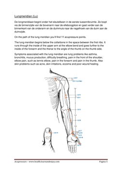 Acupressure – www.health.learnandenjoy.com 
Pagina 5 
 
Lungmeridian (Lu) 
De longmeridiaan begint onder het sleutelbeen in d