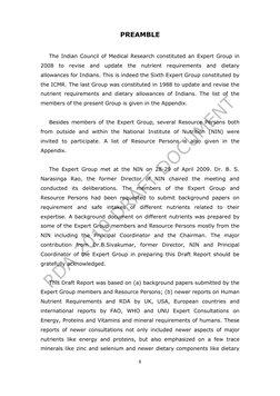 6 
PREAMBLE 
 
 
The Indian Council of Medical Research constituted an Expert Group in 
2008 to revise and update the nut