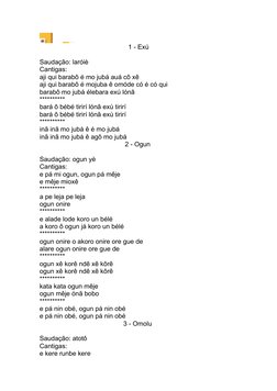 1 - Exú
Saudação: laróiè 
Cantigas: 
aji qui barabô é mo jubá auá cô xê
aji qui barabô é mojuba ê omóde có é có qui
barabô mo