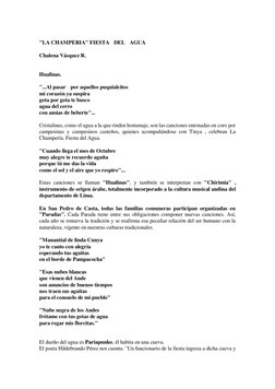 "LA CHAMPERIA" FIESTA  DEL  AGUA 
 
Chalena Vásquez R. 
 
 
 
Hualinas. 
 
"...Al pasar  por aquellos puquialcitos 
mi cora