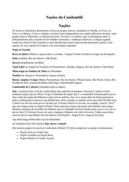 Nações do Candomblé
Nações
Os escravos brasileiros pertenciam a diversos grupos étnicos, incluindo os Yoruba, os Ewes, os 
Fo