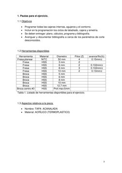 3 
 
1. Pautas para el ejercicio. 
1.1 Objetivos 
 Programar todas las cajeras internas, agujeros y el contorno. 
 Incluir