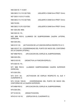 8 
 
N55 G00 X0. Y-19.067;                        
N56 G83 Z-15. R-3 Q3 F300;                 (AGUJERO 4 DIAM 5mm PROF 10mm)