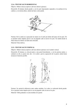 8 
 
2.2.4.- TEST DE SALTO HORIZONTAL 
Objetivo: Mide la fuerza-explosiva del tren inferior (piernas).  
Desarrollo. El alumn