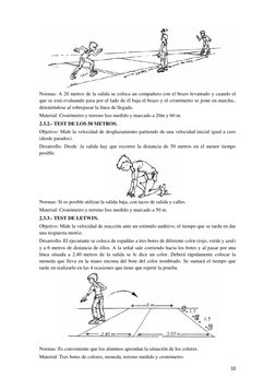 10 
 
 
 
 
Normas: A 20 metros de la salida se coloca un compañero con el brazo levantado y cuando el 
que se está evaluando