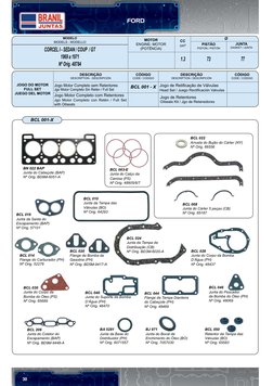 30
FORD
BCL 003-E
Junta do Calço da
Camisa (PS)
Nº Orig. 48905/6/7
BCL 008
Junta do Cárter 5 peças (CB)
Nº Orig. 85187
BCL 01