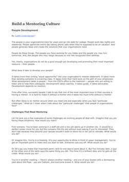 Build a Mentoring Culture
People Development
By Judith Lindenberger* (http://www.lindenbergergroup.com/)
The people in your o