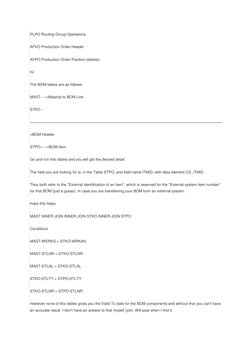 PLPO Routing Group Operations  
AFKO Production Order Header  
AFPO Production Order Position (details)  
hii 
The BOM tables