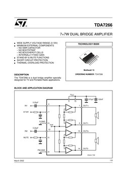 TDA7266
7+7W DUAL BRIDGE AMPLIFIER
WIDE SUPPLY VOLTAGE RANGE (3-18V)
MINIMUM EXTERNAL COMPONENTS
– NO SWR CAPACITOR
– NO BOOT