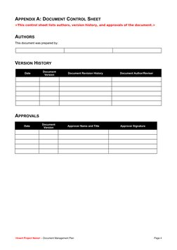 APPENDIX A: DOCUMENT CONTROL SHEET
<This control sheet lists authors, version history, and approvals of the document.>
AUTHOR