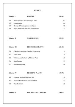 INDEX 
 
Chapter I 
 
HISTORY 
 
 
 
 
 
[01-24] 
 
1.1 
Development of steel industry in India 
 
 
 
 
 
02 
1.2 
Liber