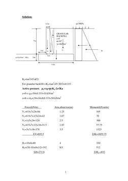 2
Solution: 
 
 
 
 
 
 
 
 
 
 
 
 
 
Ka=tan2(45-φ/2) 
For granular backfill⇒Ka=tan2(45-30/2)=0.333 
Active pressure, pa=(